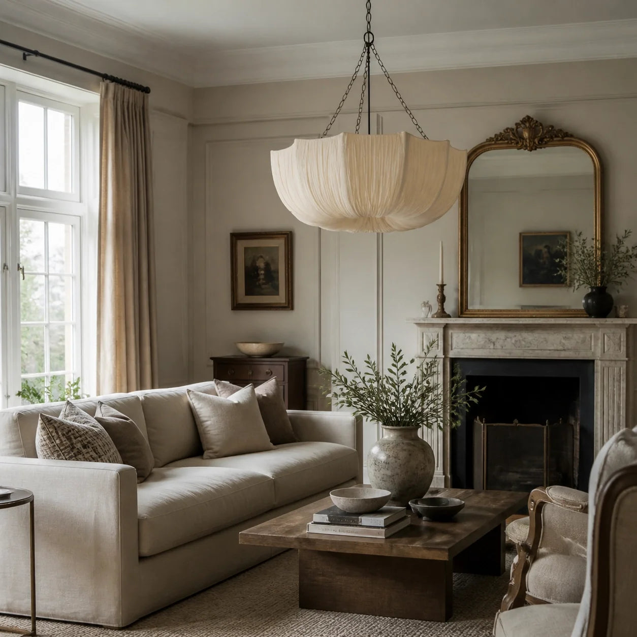 Ivory Pleated Fabric Bowl Pendant Light