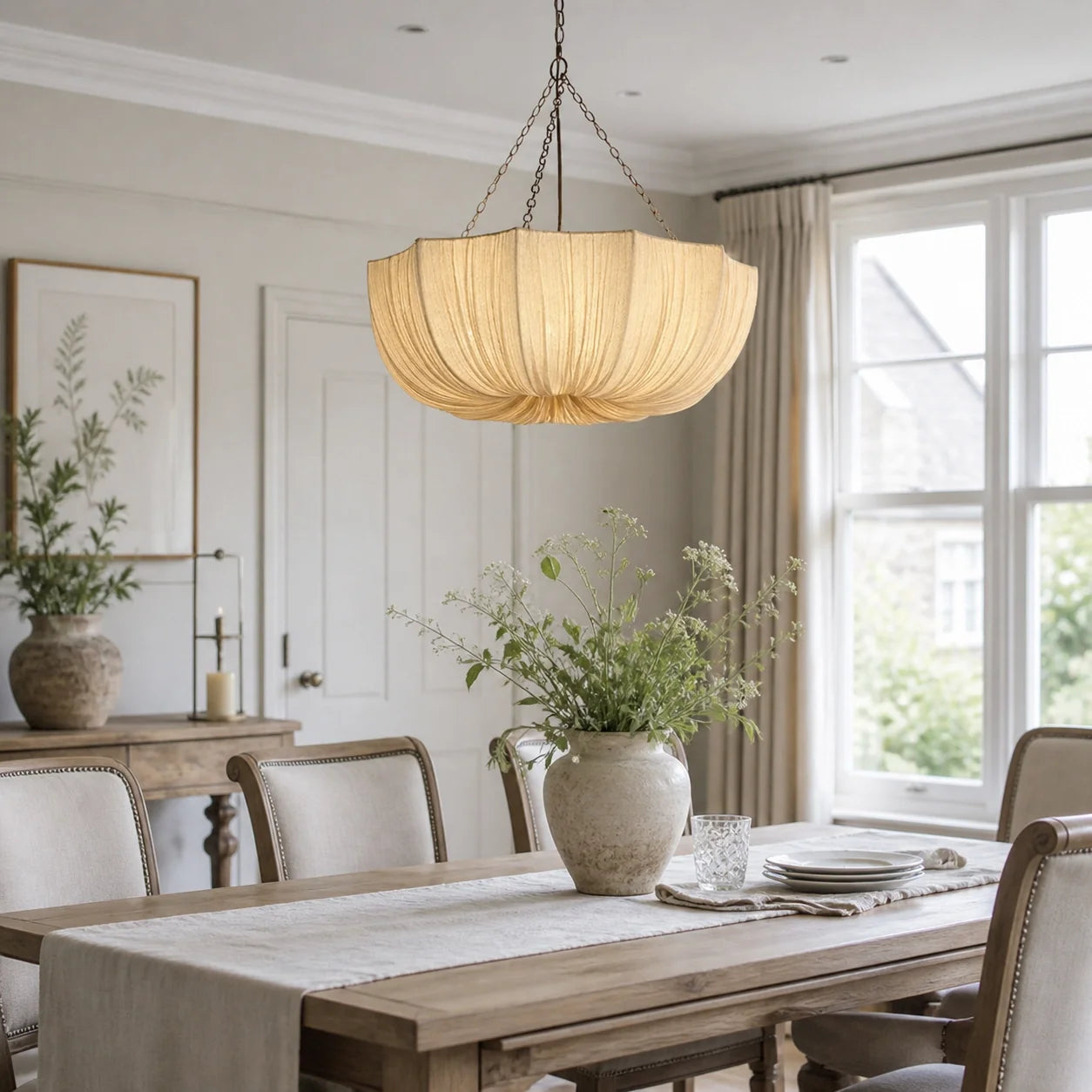 Ivory Pleated Fabric Bowl Pendant Light