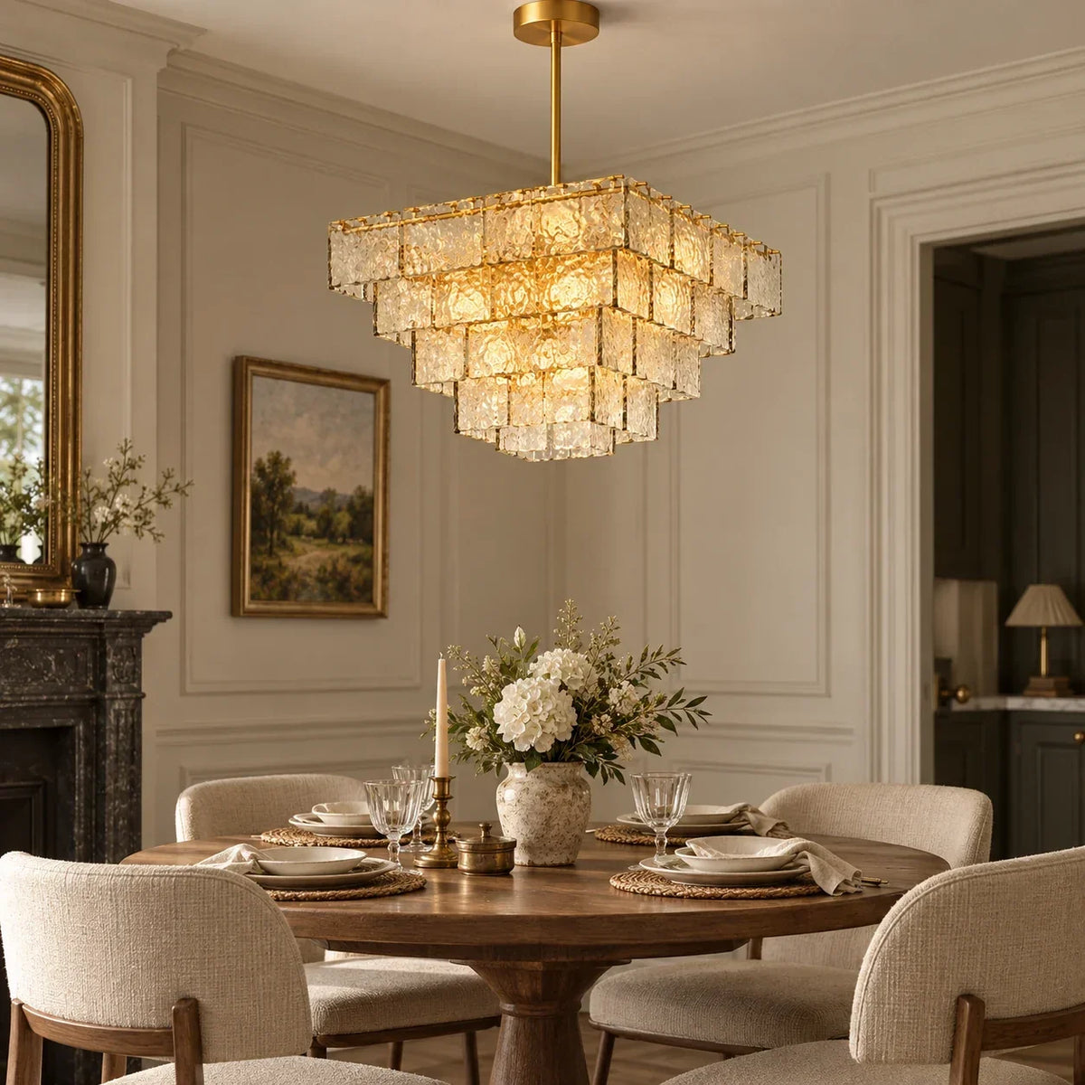 Original British dining-room scene with tiered square glass chandelier