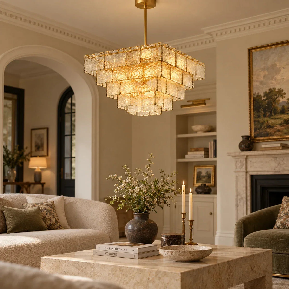 Original British sitting-room scene with square layered glass chandelier