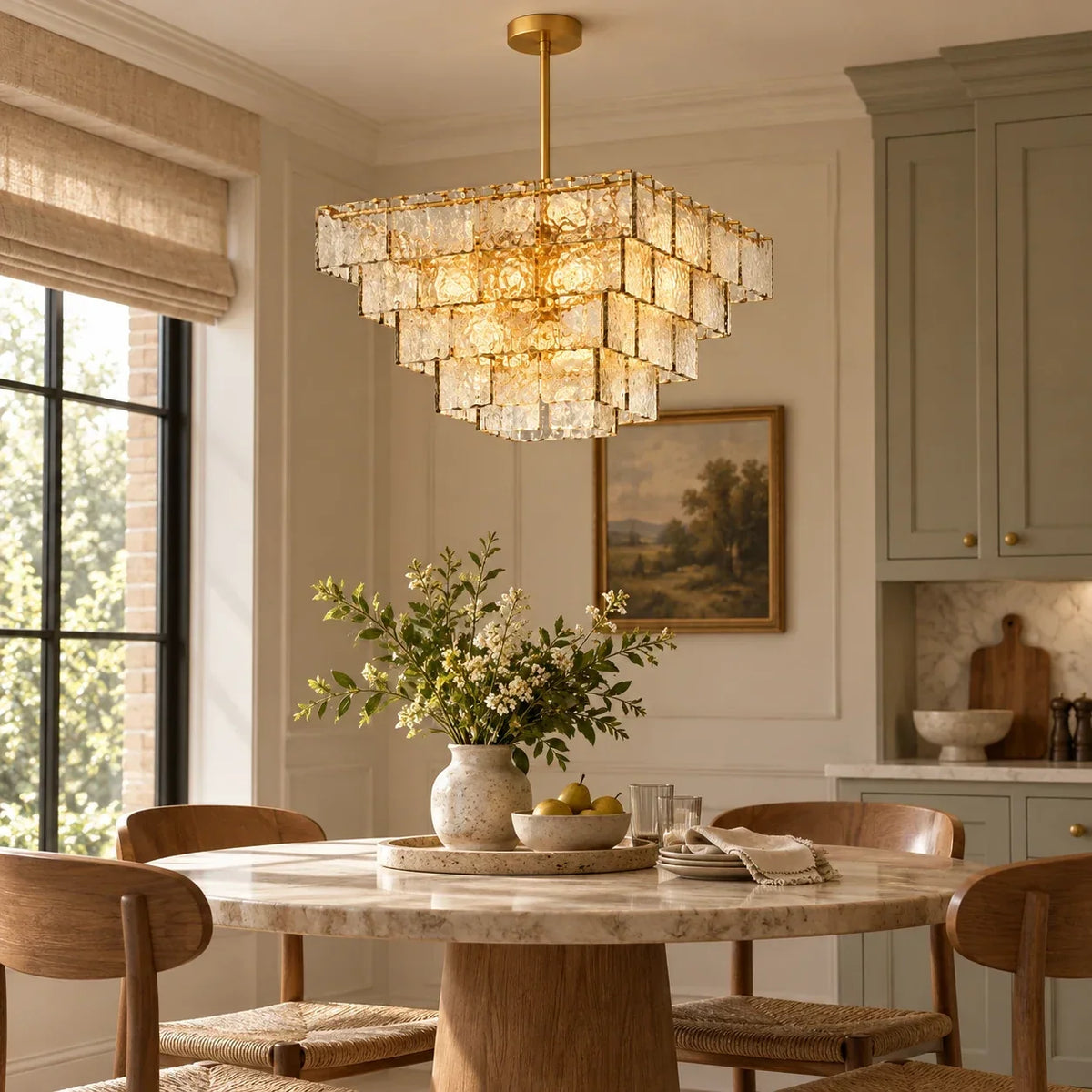 Original breakfast nook scene with tiered glass chandelier