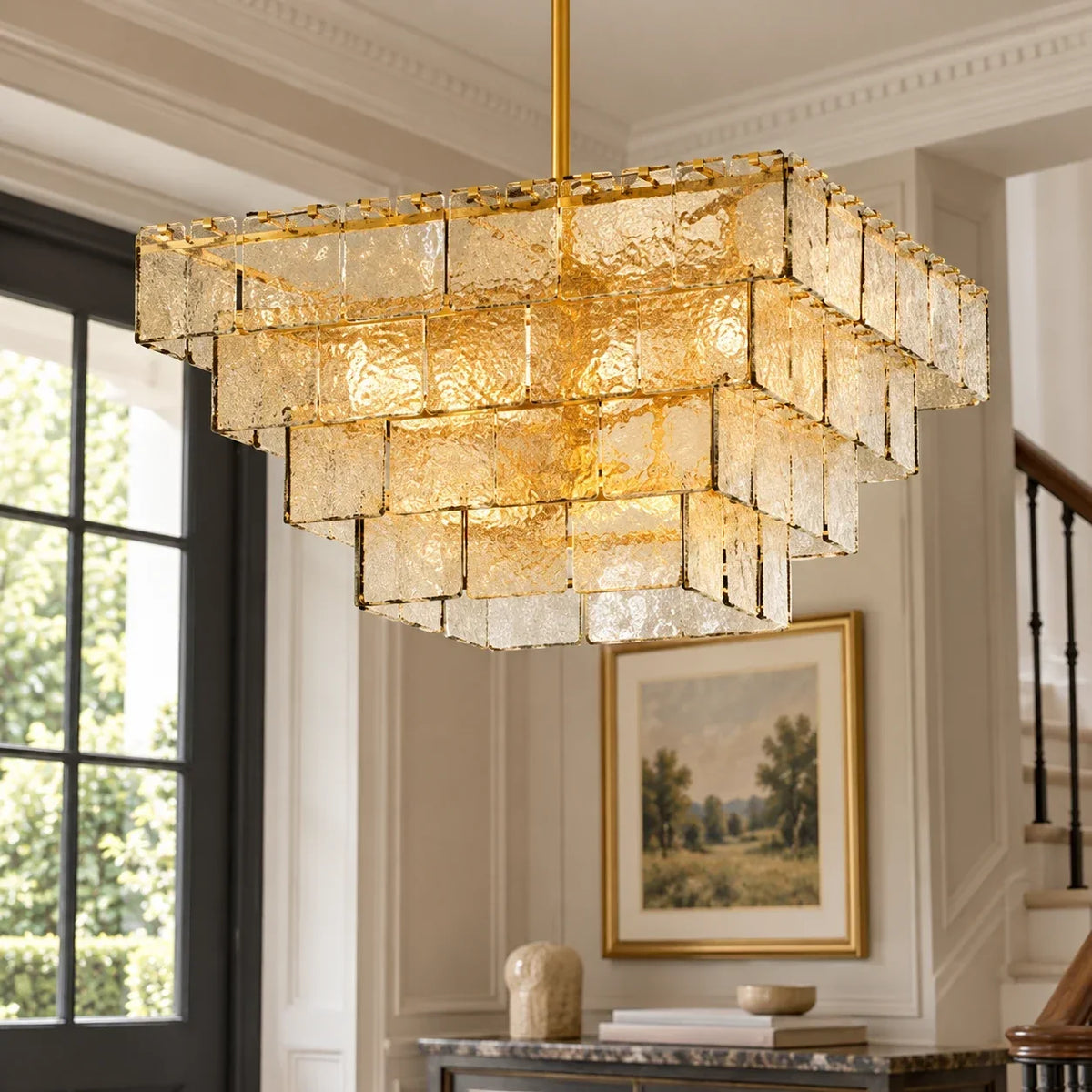 Original panelled interior scene with square glass chandelier