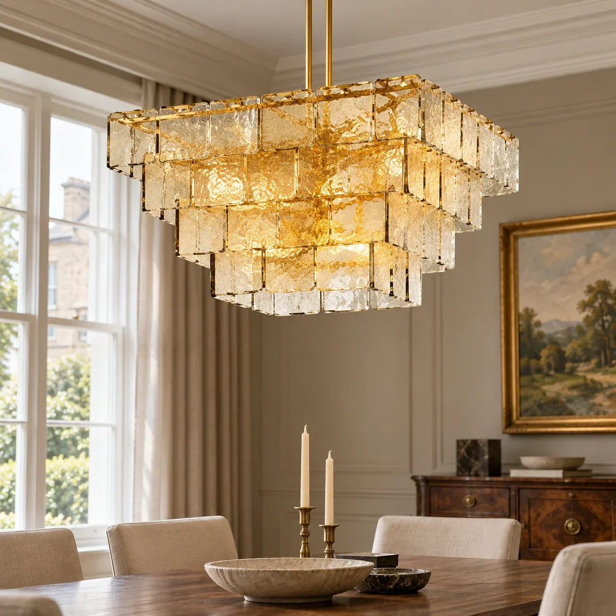 Original bright dining-room scene with chandelier
