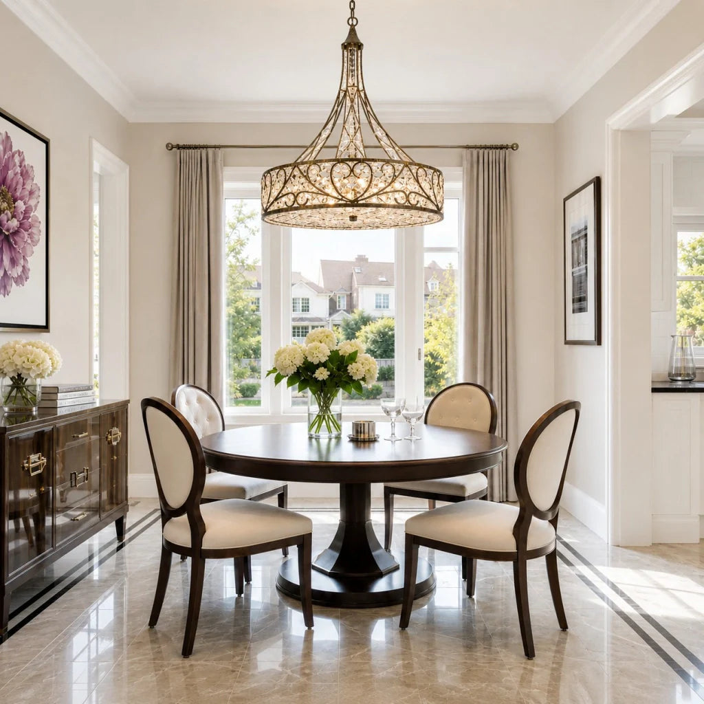 Crystal drum chandelier above a round dining table
