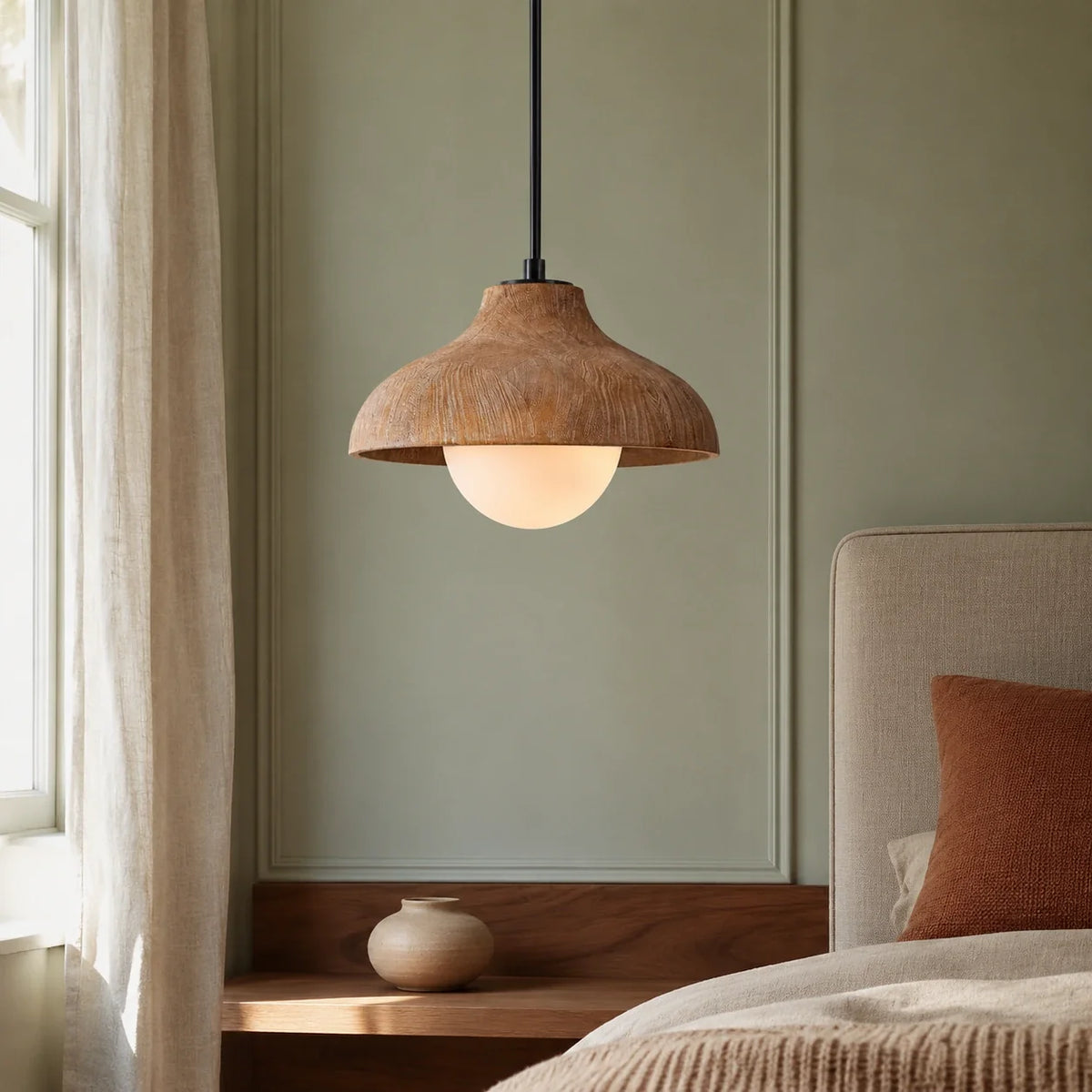 Mid-Century Modern Carved Wood Dome Pendant Light