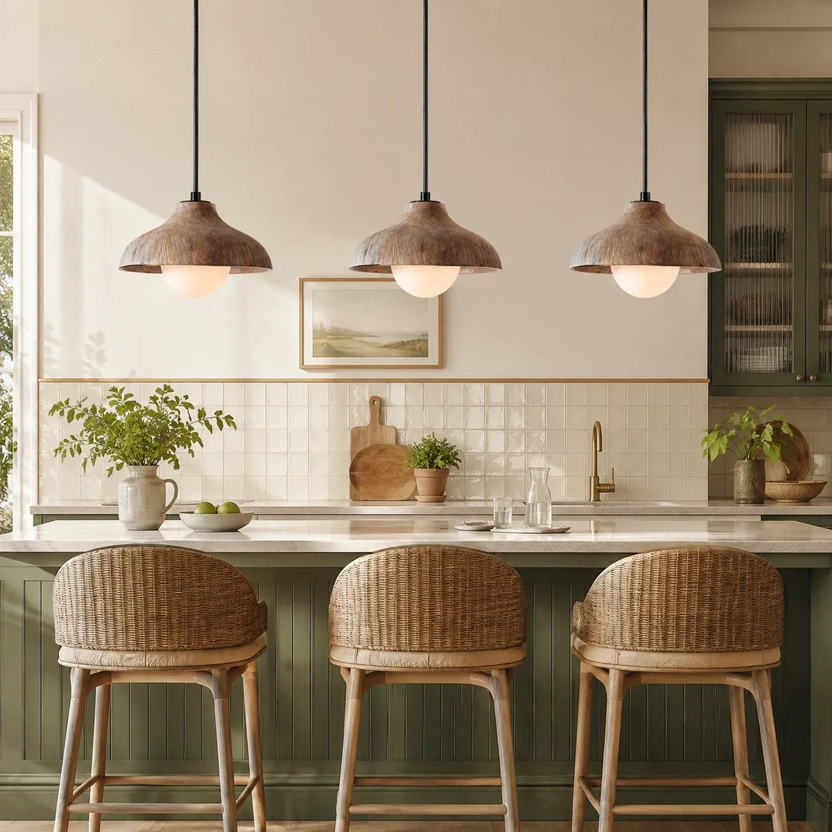 Mid-Century Modern Carved Wood Dome Pendant Light