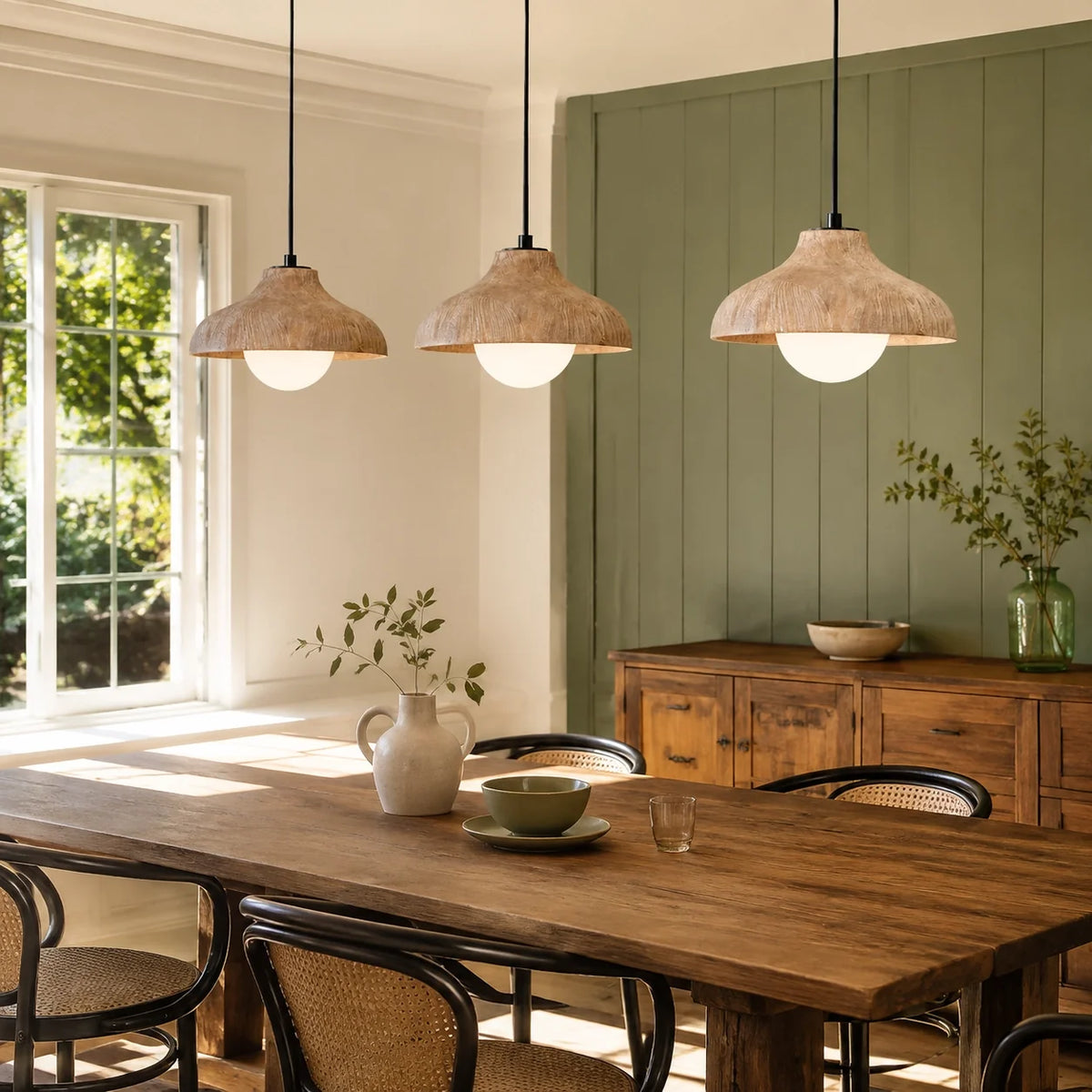 Mid-Century Modern Carved Wood Dome Pendant Light