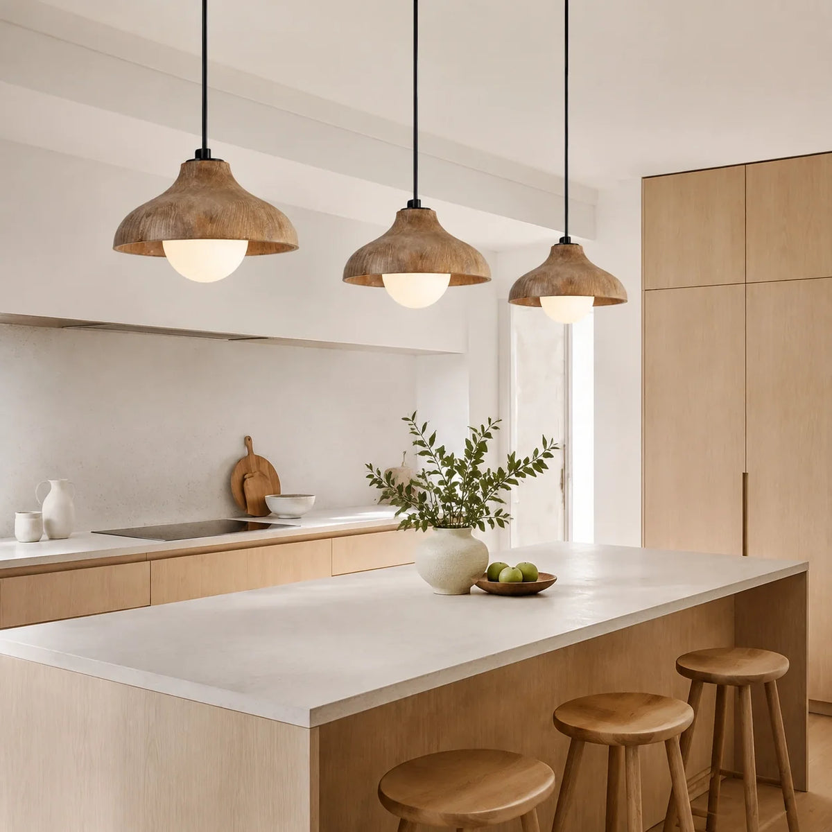 Mid-Century Modern Carved Wood Dome Pendant Light