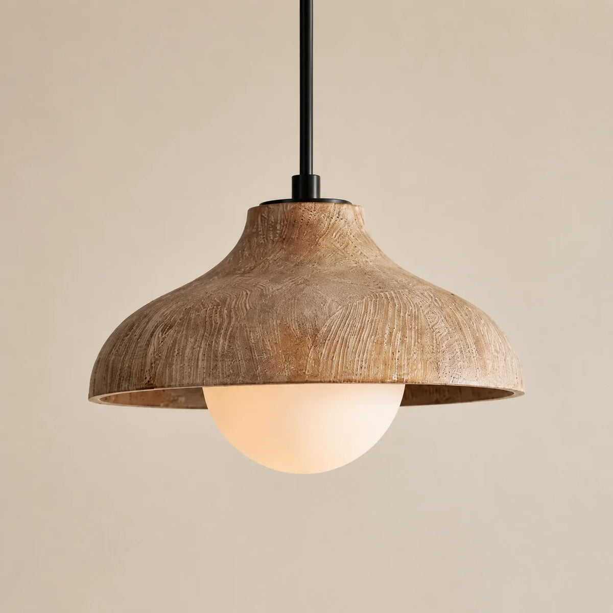 Mid-Century Modern Carved Wood Dome Pendant Light