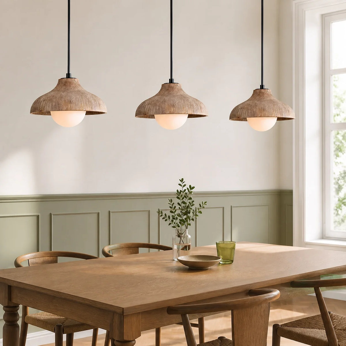 Mid-Century Modern Carved Wood Dome Pendant Light