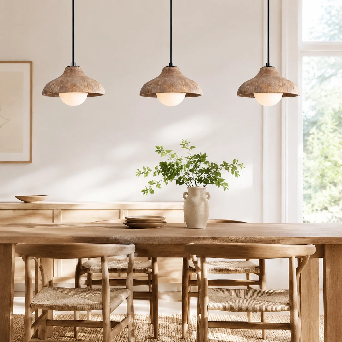 Mid-Century Modern Carved Wood Dome Pendant Light