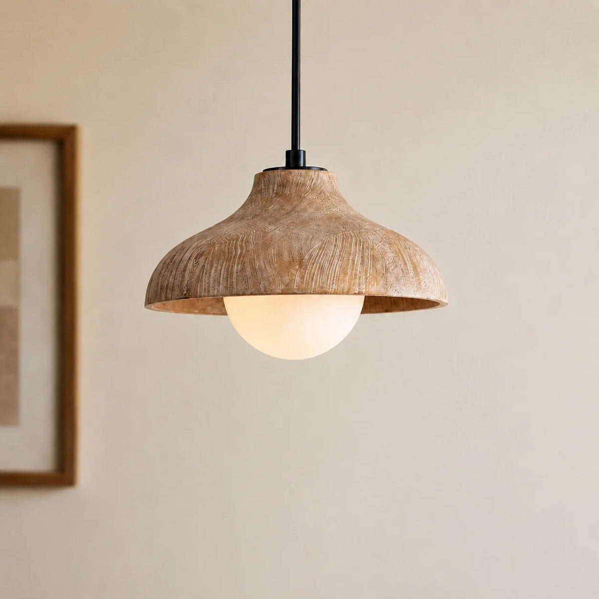 Mid-Century Modern Carved Wood Dome Pendant Light