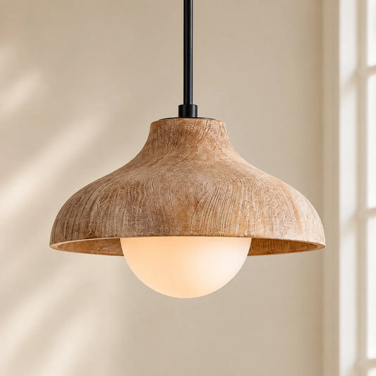Mid-Century Modern Carved Wood Dome Pendant Light