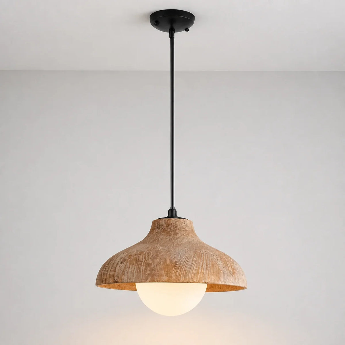 Mid-Century Modern Carved Wood Dome Pendant Light