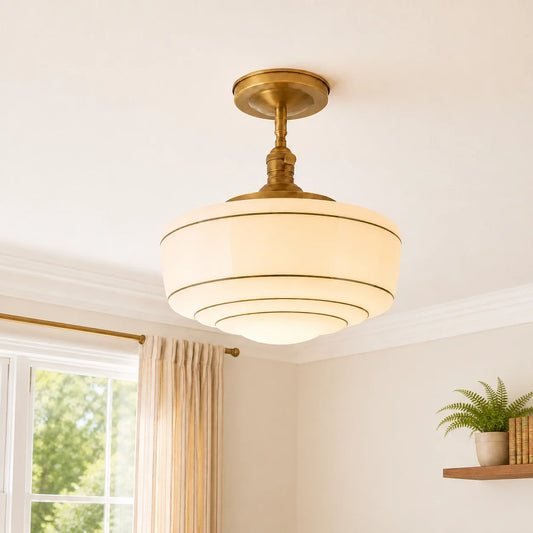 Mid-Century Opal Glass Semi-Flush Mount Ceiling Light