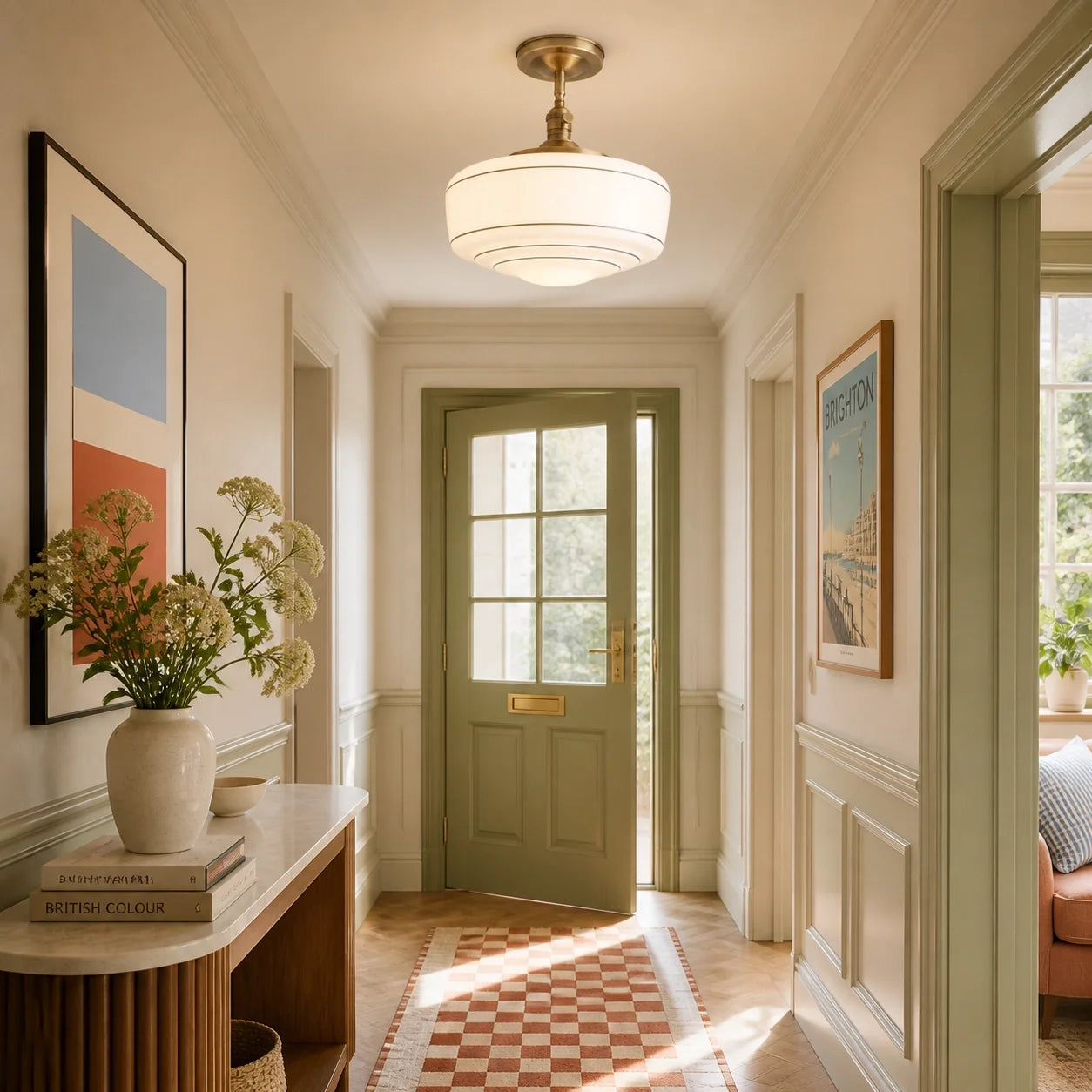 Mid-Century Opal Glass Semi-Flush Mount Ceiling Light