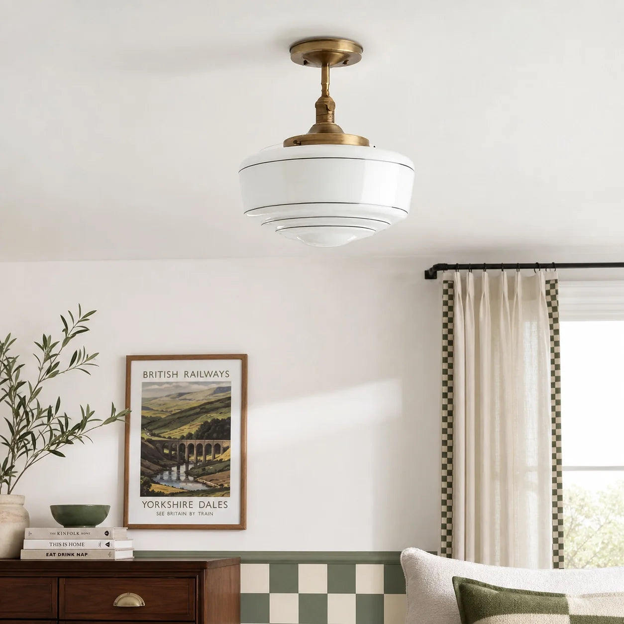 Mid-Century Opal Glass Semi-Flush Mount Ceiling Light