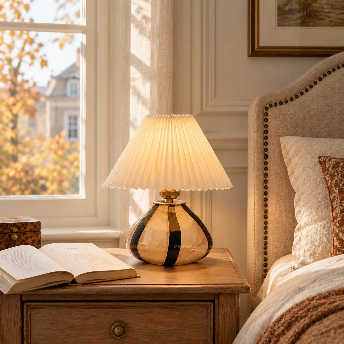 Mid-Century Pleated Shade Ceramic Beside Table Lamp