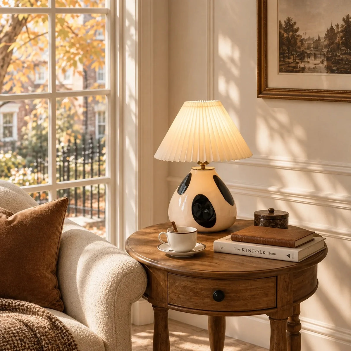 Mid-Century Pleated Shade Ceramic Beside Table Lamp