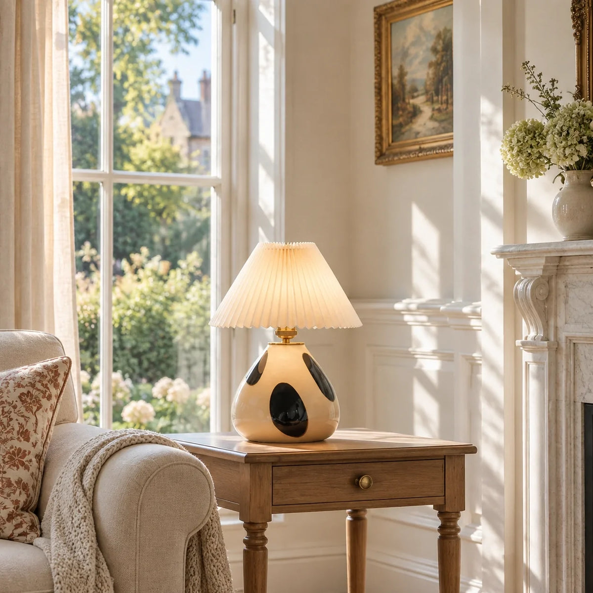 Mid-Century Pleated Shade Ceramic Beside Table Lamp