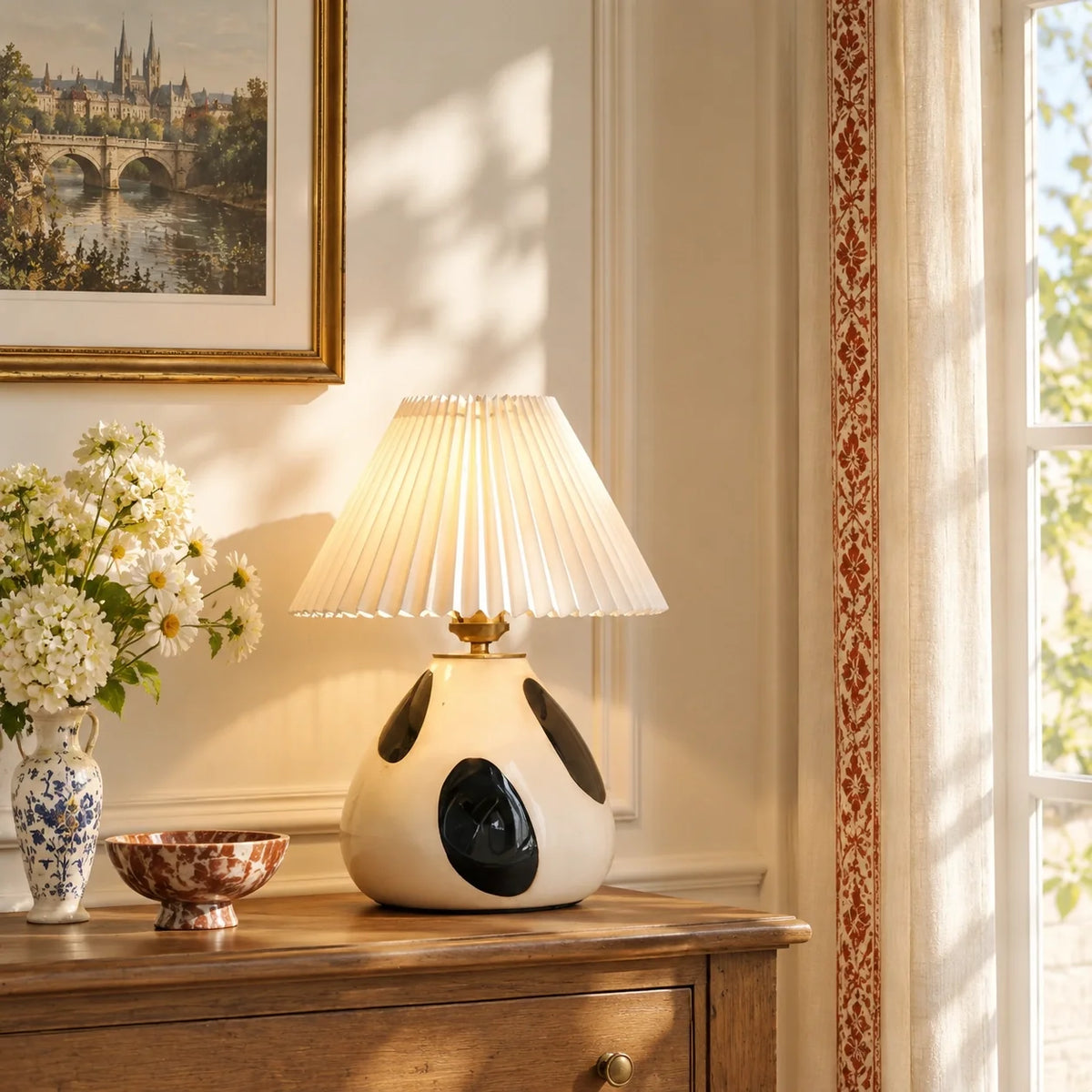 Mid-Century Pleated Shade Ceramic Beside Table Lamp