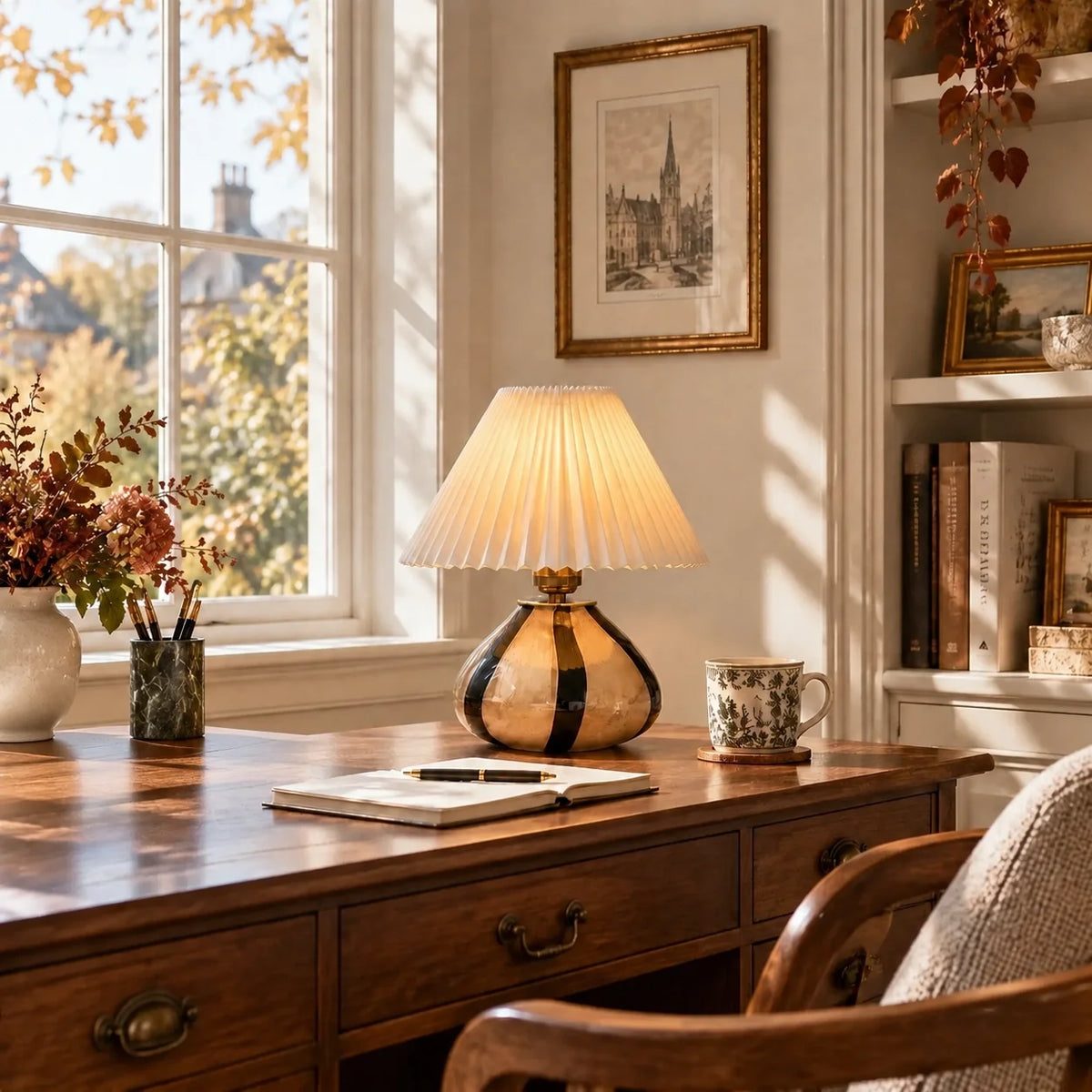 Mid-Century Pleated Shade Ceramic Beside Table Lamp