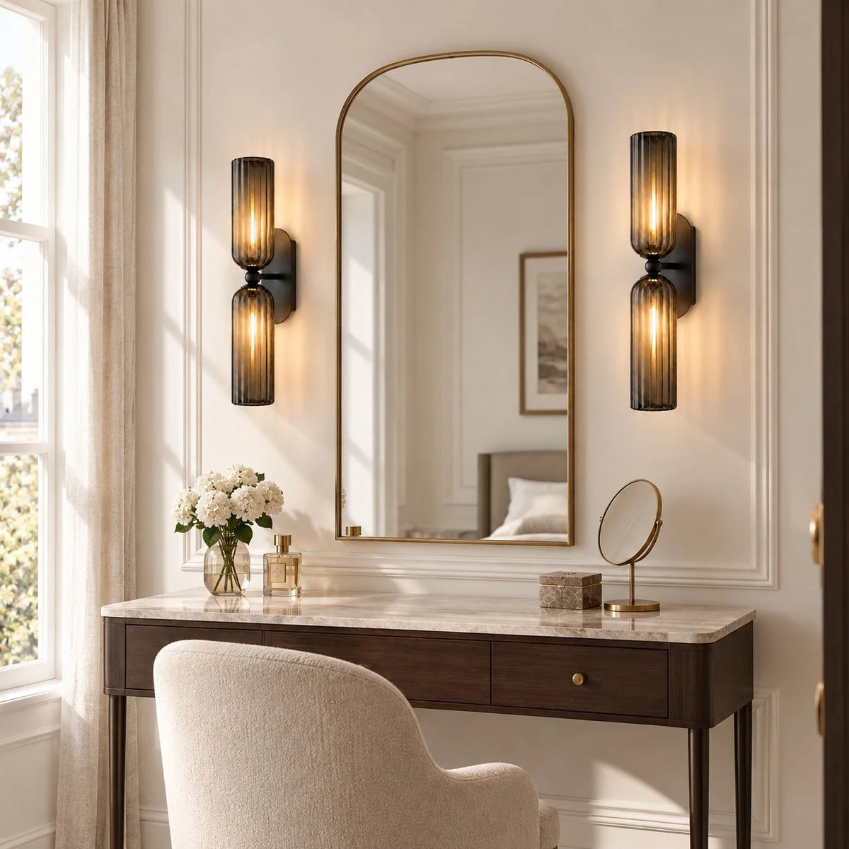 Mid-Century Ribbed Glass Wall Light for Bathrooms and Hallways