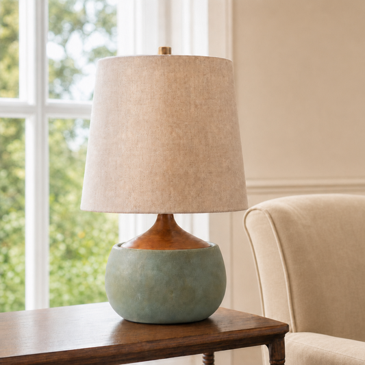 Mid-Century Cement Base Accent Lamp with Warm Linen Shade