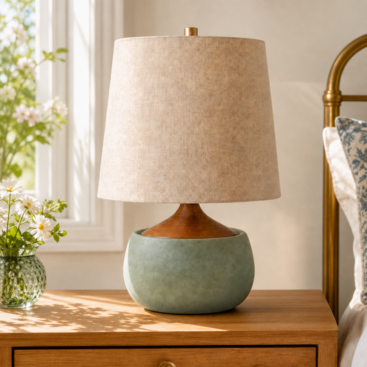 Mid-Century Cement Base Accent Lamp with Warm Linen Shade