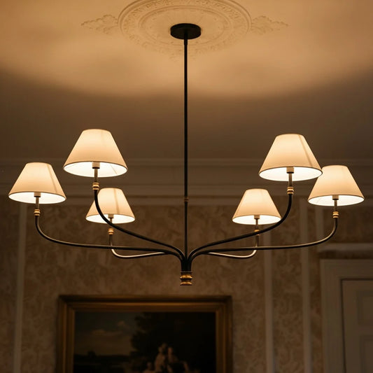 Minimalist Arc Arm 6-Light Linen Shade Chandelier