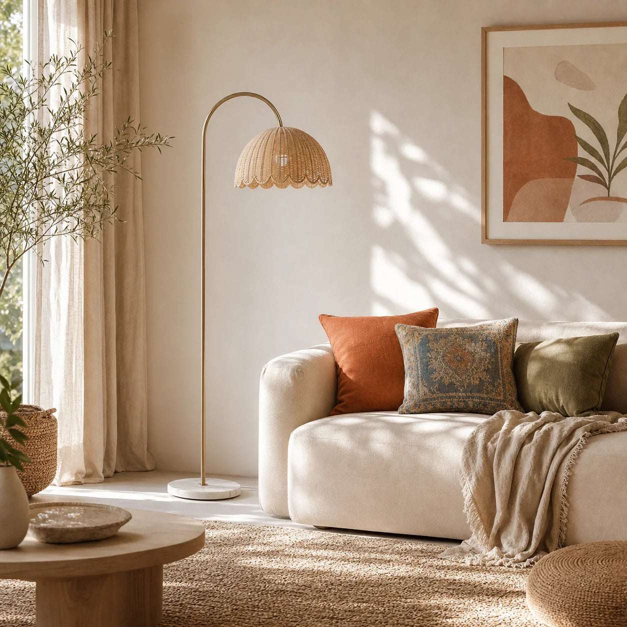 Natural rattan floor lamp beside a sofa