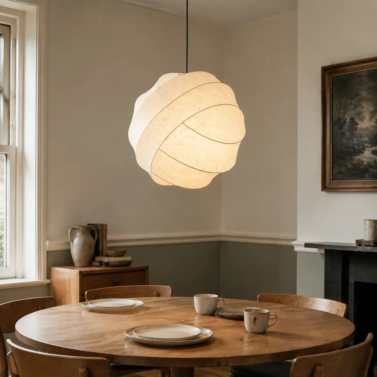 50 cm ivory sculptural cocoon pendant above a modern oak dining table