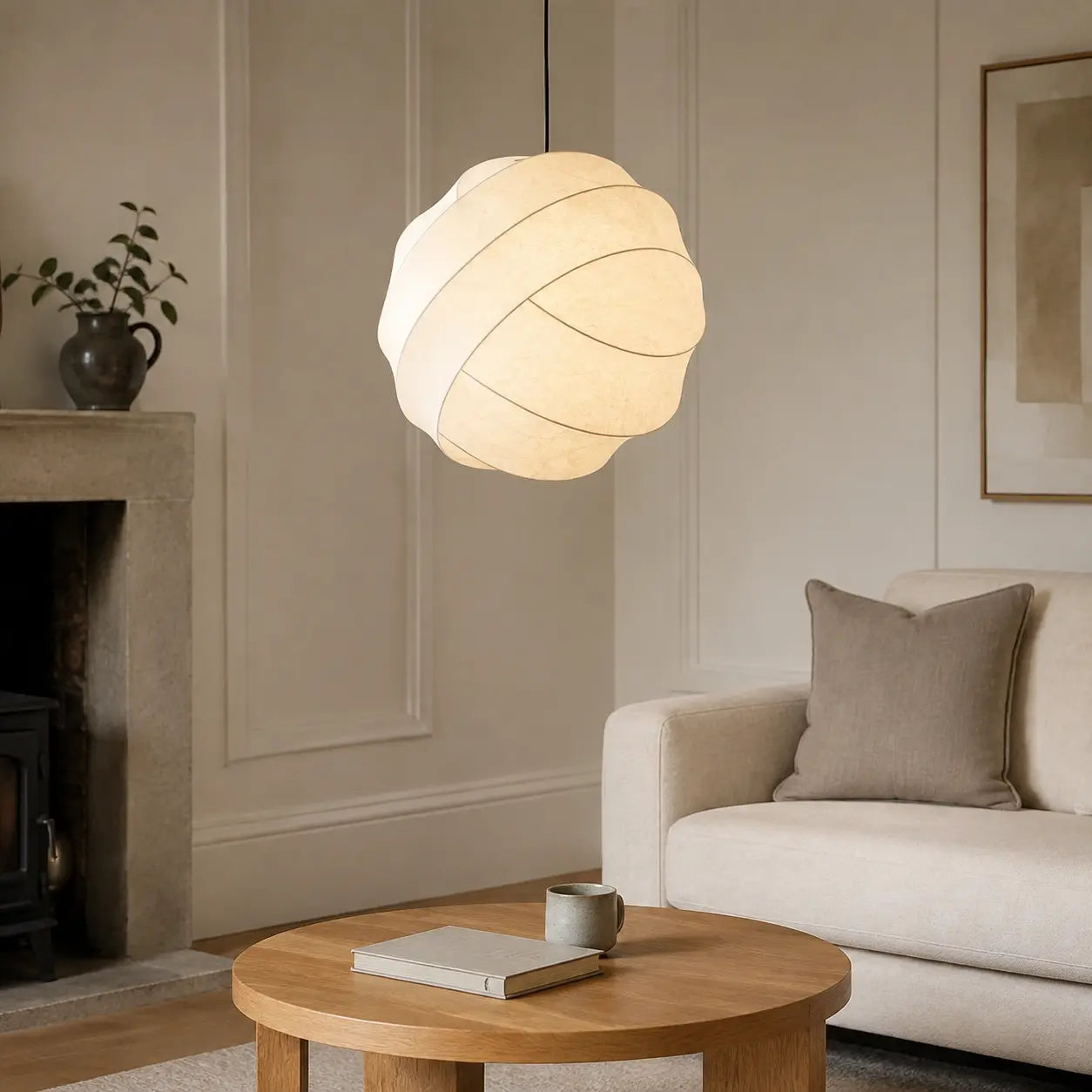 60 cm sculptural cocoon pendant in a modern British living room