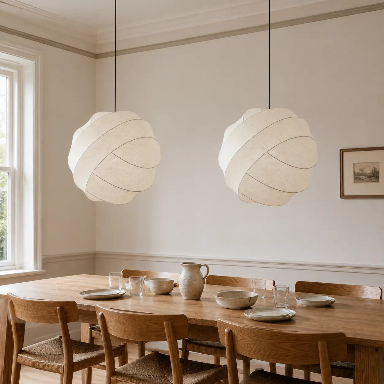 Two 50 cm sculptural cocoon pendants above a long dining table