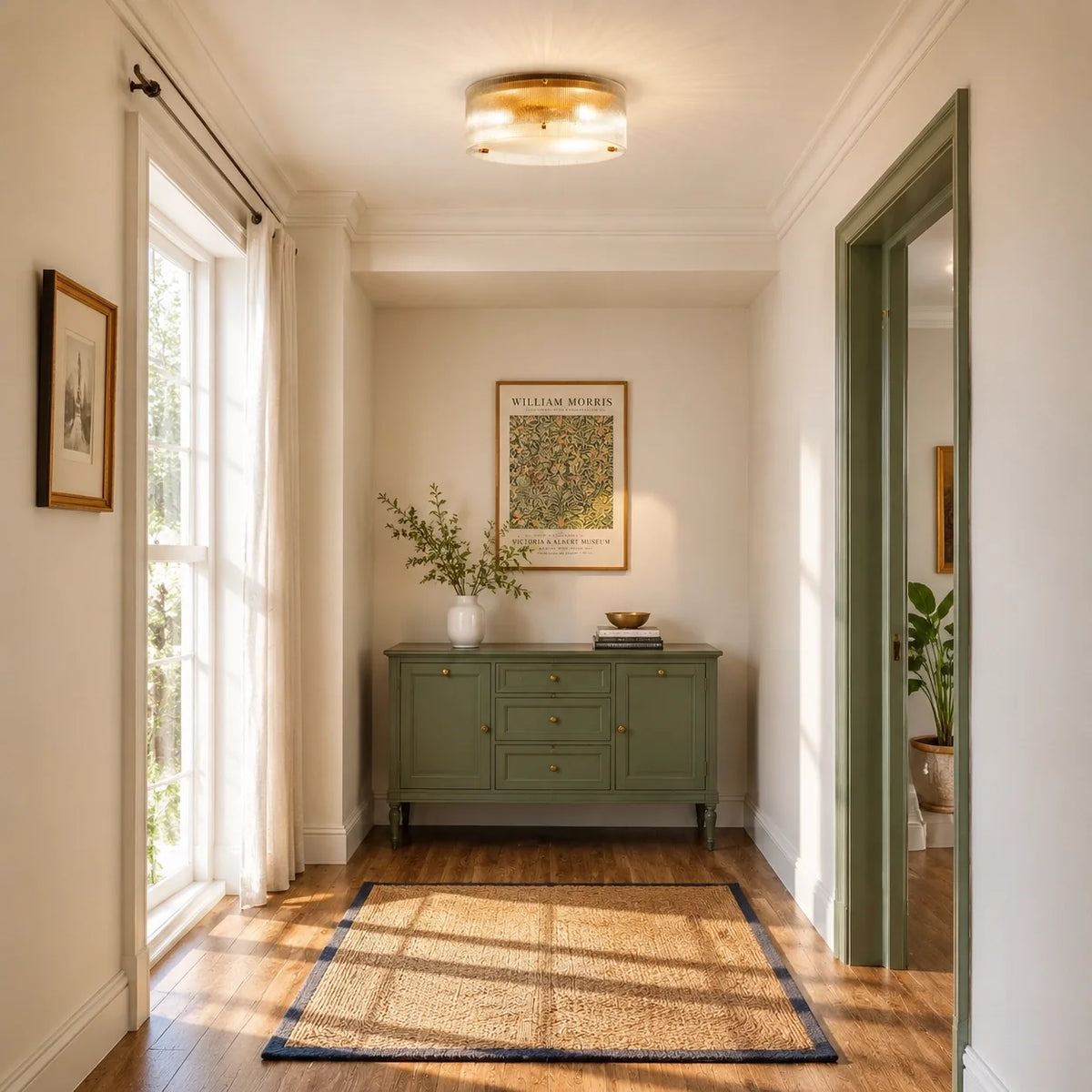 Modern Brass Ribbed Glass Drum Flush Mount Ceiling Light