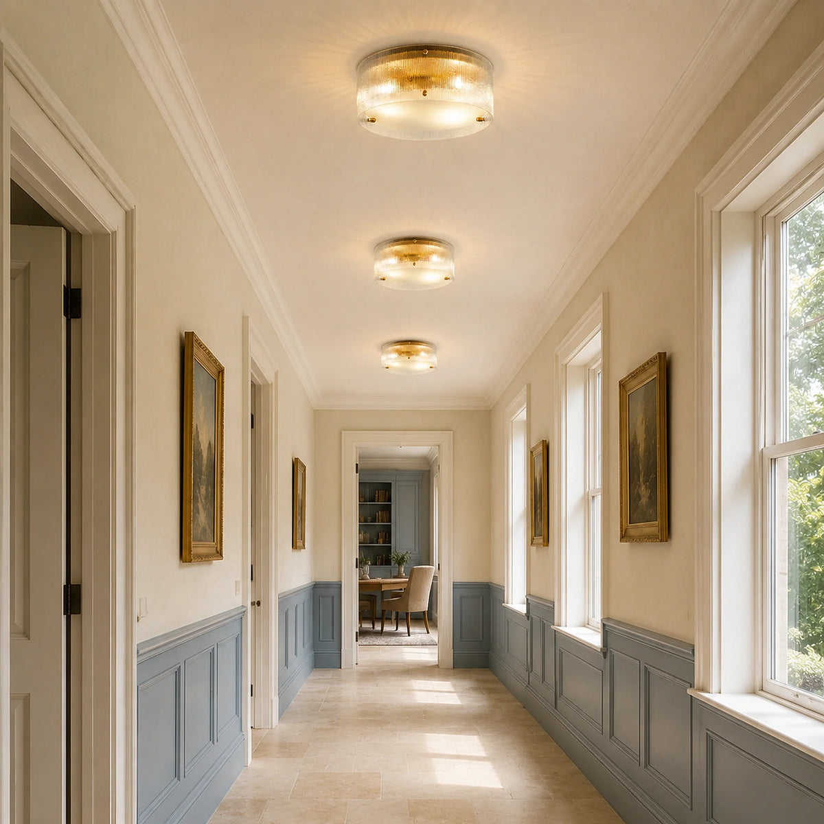 Modern Brass Ribbed Glass Drum Flush Mount Ceiling Light