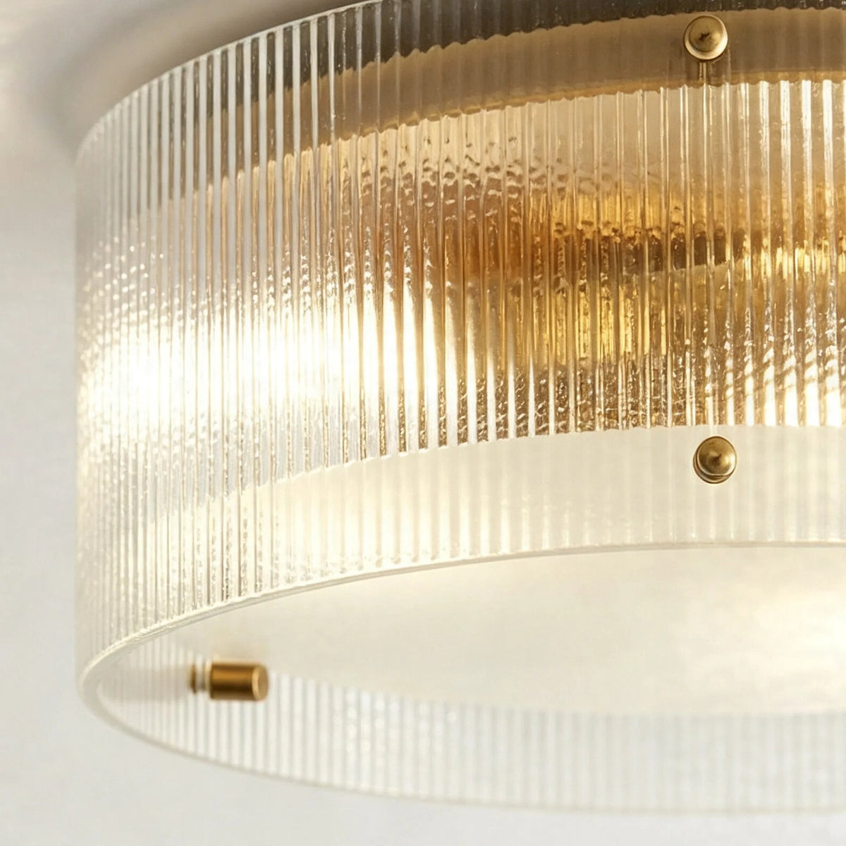 Modern Brass Ribbed Glass Drum Flush Mount Ceiling Light