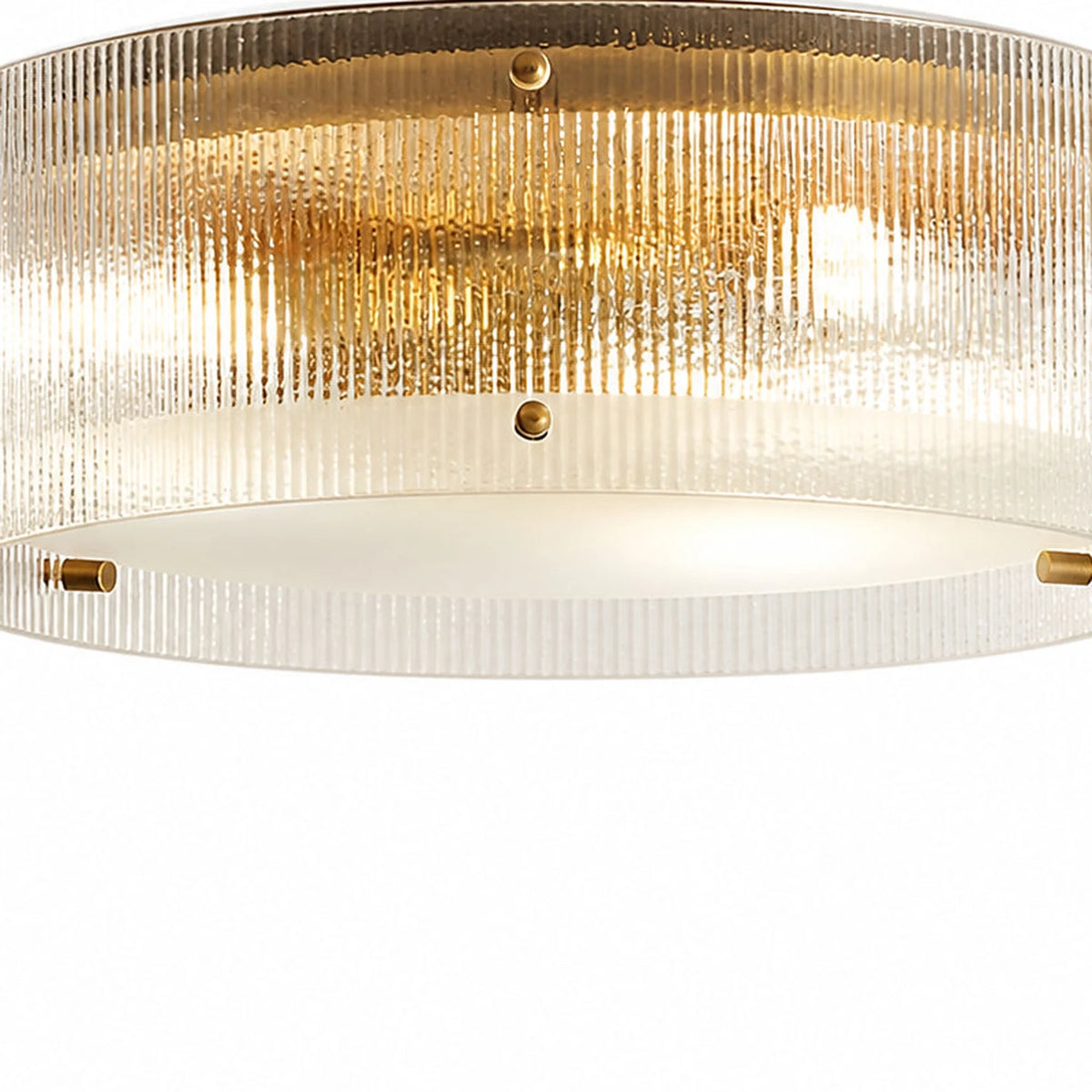 Modern Brass Ribbed Glass Drum Flush Mount Ceiling Light