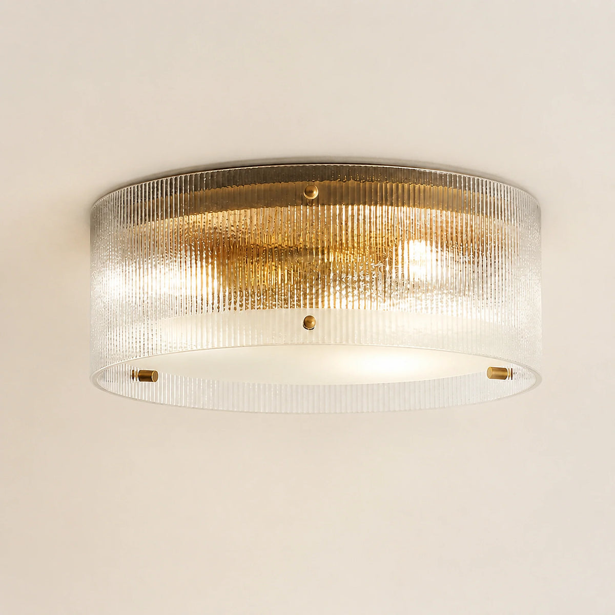 Modern Brass Ribbed Glass Drum Flush Mount Ceiling Light