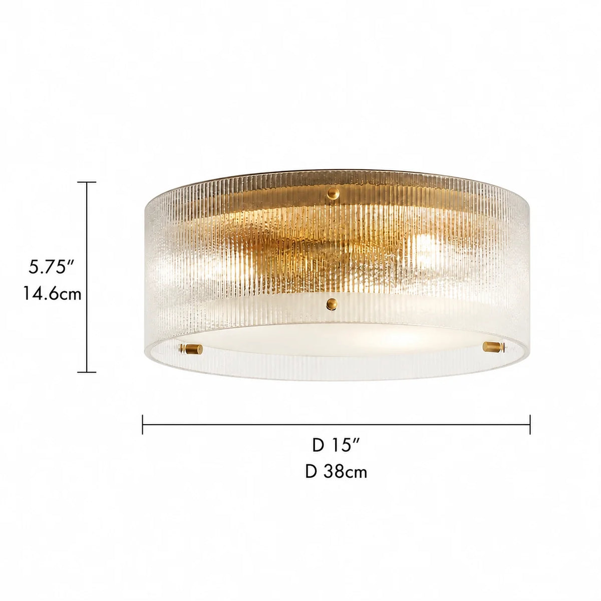 Modern Brass Ribbed Glass Drum Flush Mount Ceiling Light