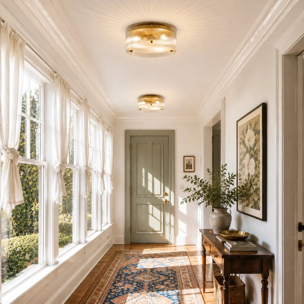 Modern Brass Ribbed Glass Drum Flush Mount Ceiling Light