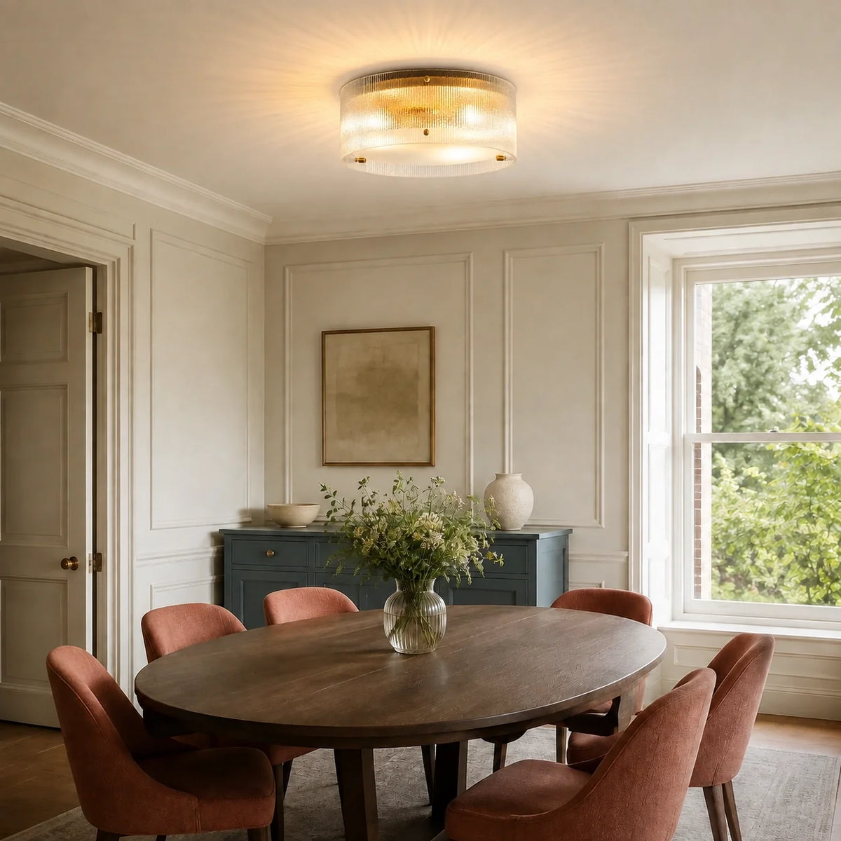 Modern Brass Ribbed Glass Drum Flush Mount Ceiling Light