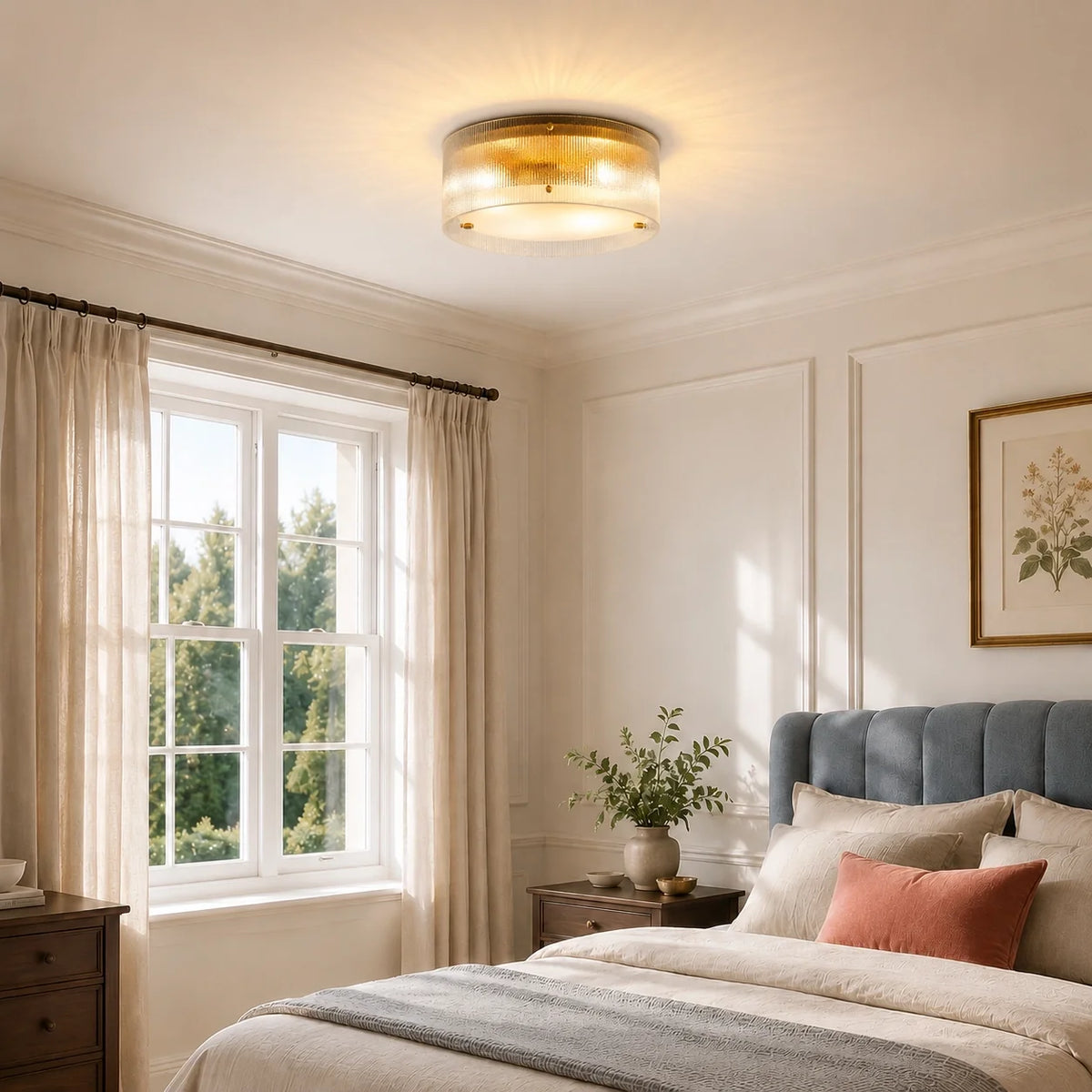 Modern Brass Ribbed Glass Drum Flush Mount Ceiling Light