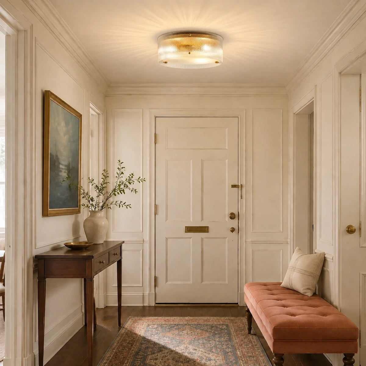 Modern Brass Ribbed Glass Drum Flush Mount Ceiling Light