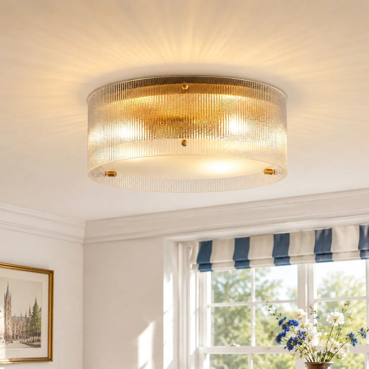 Modern Brass Ribbed Glass Drum Flush Mount Ceiling Light