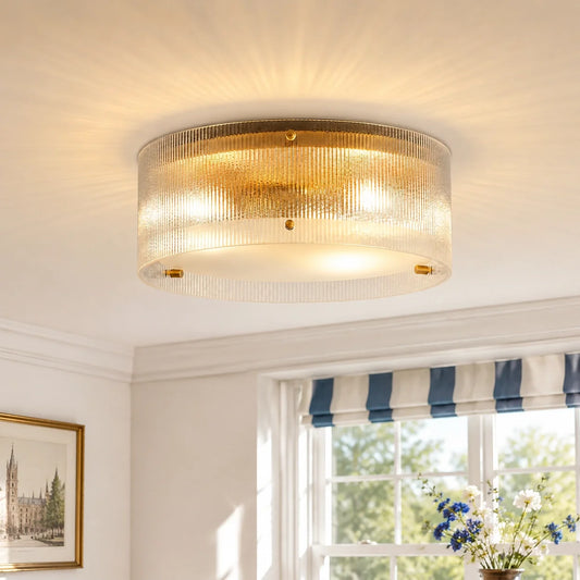 Modern Brass Ribbed Glass Drum Flush Mount Ceiling Light
