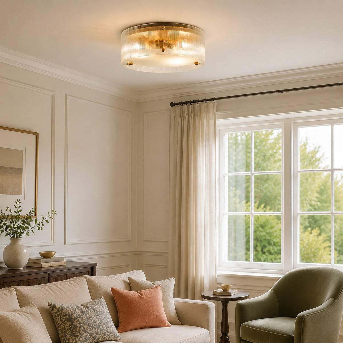 Modern Brass Ribbed Glass Drum Flush Mount Ceiling Light