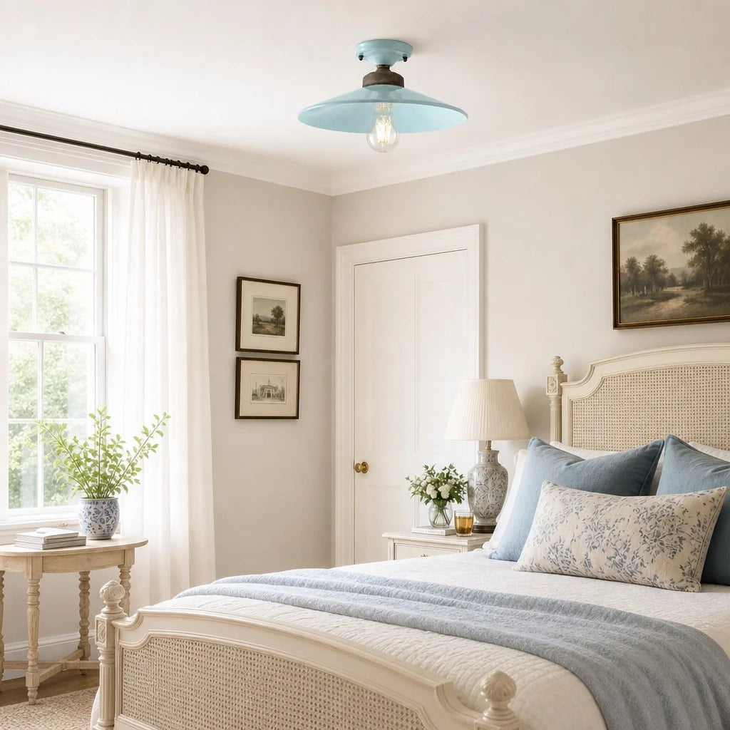 Neatly decorated bedroom with a bed, lamp, and framed pictures on the wall.