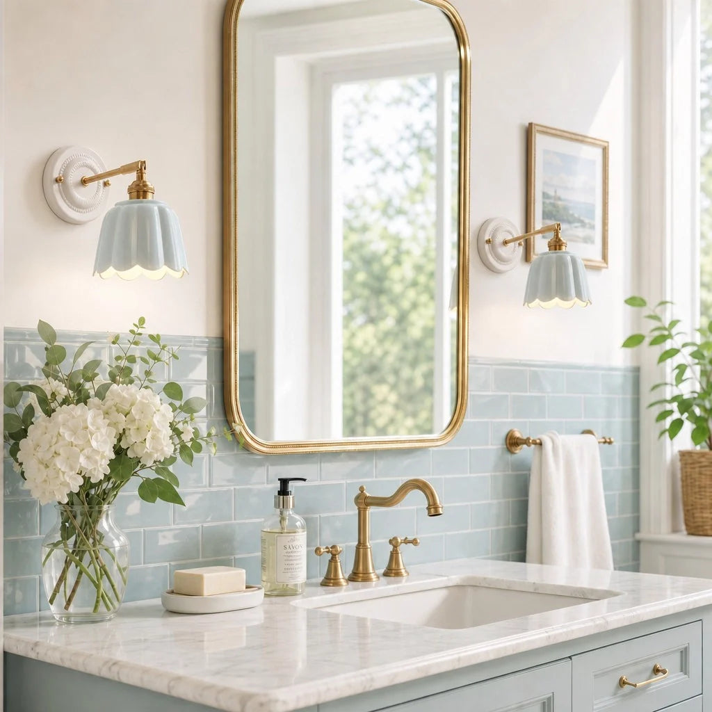 Bathroom with sink, mirror, and decorative elements