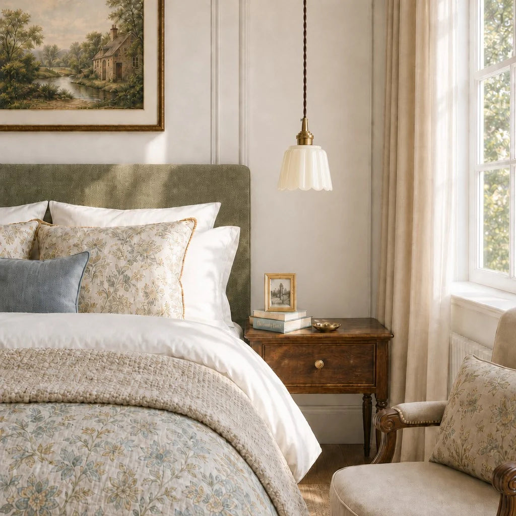 Cozy bedroom with a bed, nightstand, and chair, featuring a painting and lamp.
